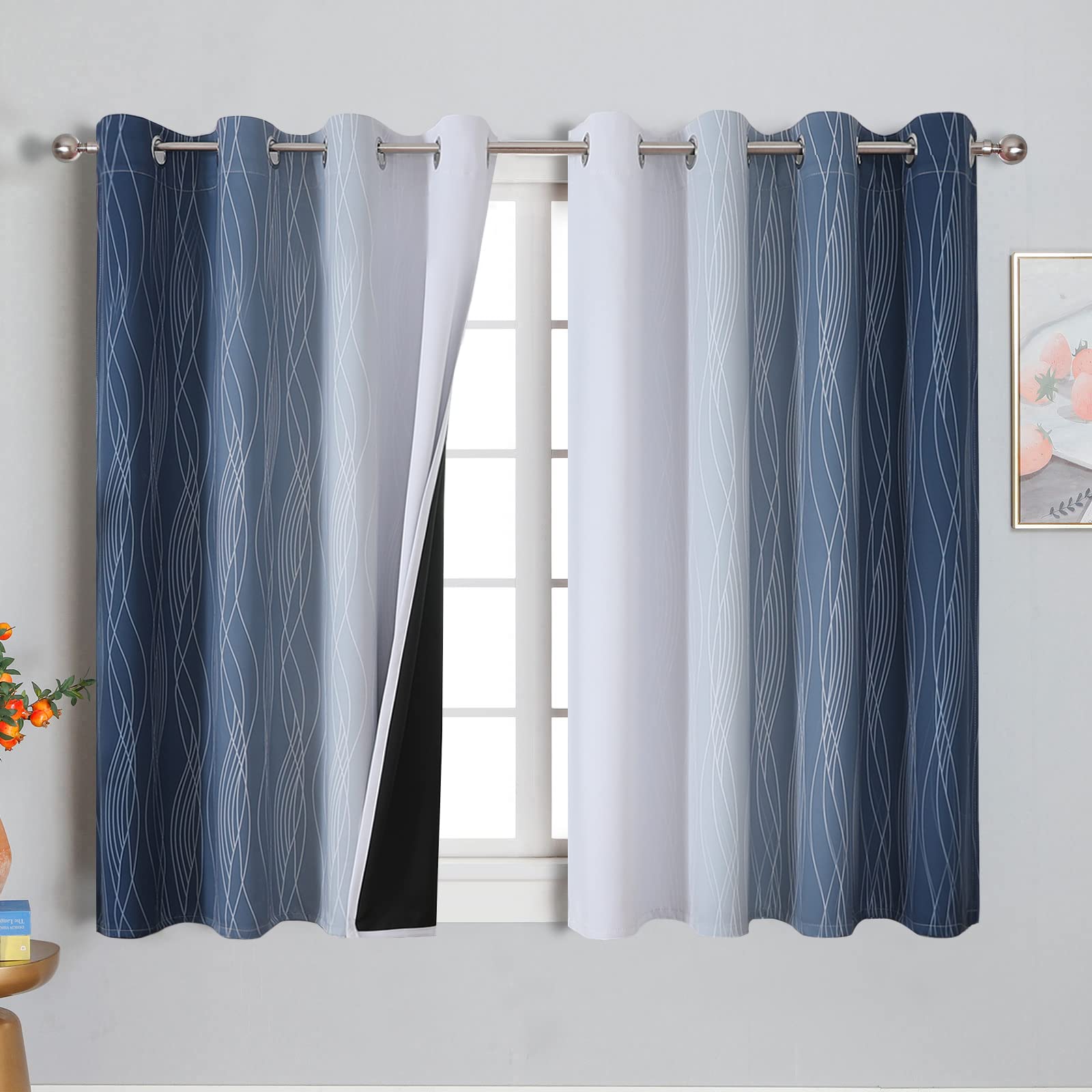 VEHEDE Gradient Navy Blue and Greyish White Wave Blackout Curtains for Living Room, Eyelet Home Decorative Thermal Insulated Ombre Curtains & Drapes for Kids Bedroom, W52 x L63 Inch, 2 Panels