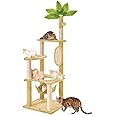 TSCOMON 55" Cat Tree for with Green Leaves, Multi-Level Large Cat Tower with Hammock, Plush Cat House with Hang Ball Toy and Sisal Scratching Posts Furniture, Beige