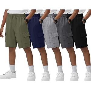 YooAurvox 5 Pack Boys Cargo Straight Leg Shorts | with Pockets, Drawstring Waist, Front Seam, Lightweight, School, Daily Wear