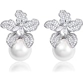 Blooming Flower Drop Cubic Zirconia Big Round Pearl Stud Earrings for Wedding Ceremony Chic Accessories