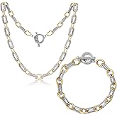 dnswez Two Tone Necklace for Women Mixed Metal Bracelet Set Statement Link Chain Gold Silver Jewelry Gifts for Women