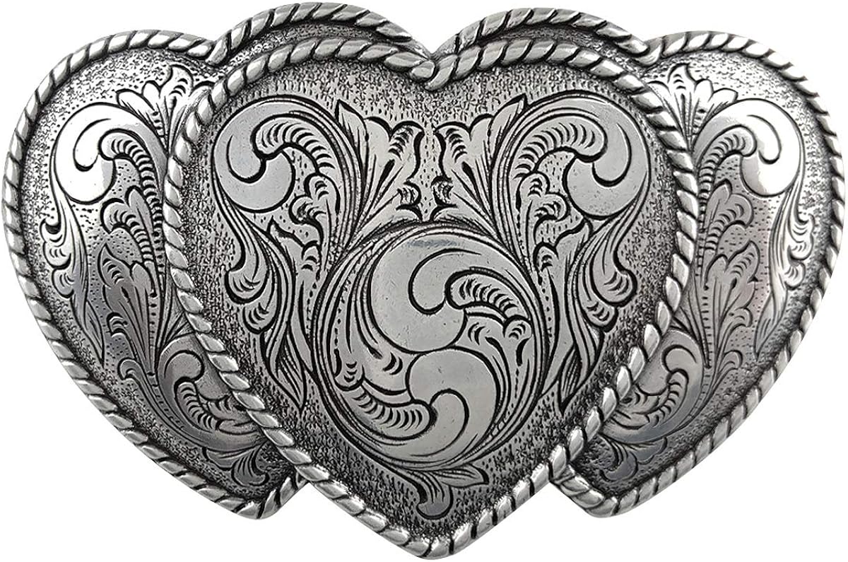 Antique Silver Finish Triple Hearts Ladies' Cowgirl Belt Buckle: Clothing