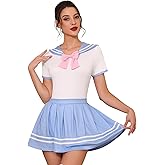 ABAFIP Women Cute Romper Dress Short Sleeve Pajama Bodysuit Pleated Skirt Sailor Outfits Nightwear set