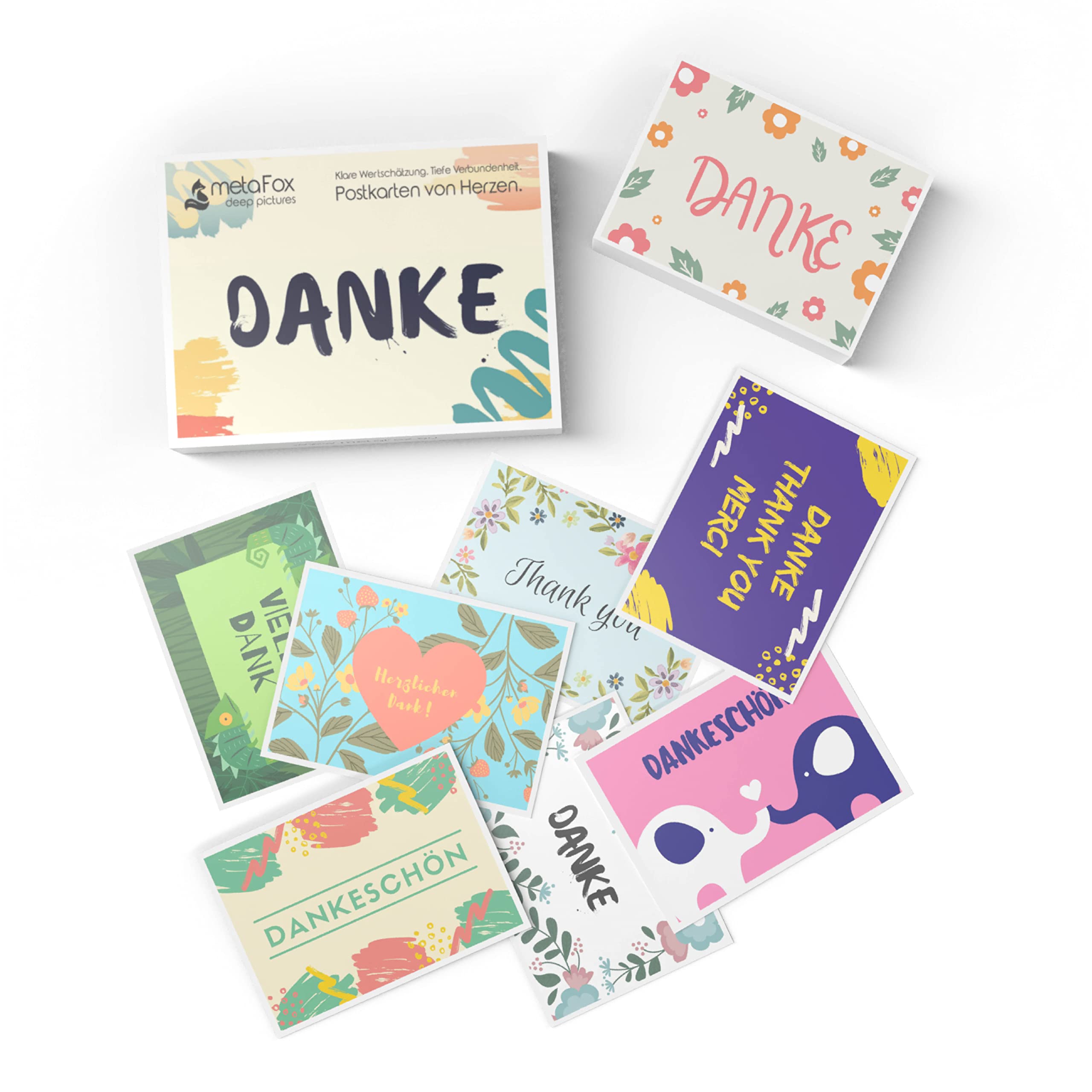 metaFox “Danke” Postkarten | 20 farbenfrohe Dankeskarten - Danke sagen, wenn man dankbar ist | Das perfekte Karten Set für eine 20-tägige Dankbarkeits-Challenge