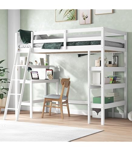 Lit mezzanine 140x200 cm avec escalier de rangement, bureau