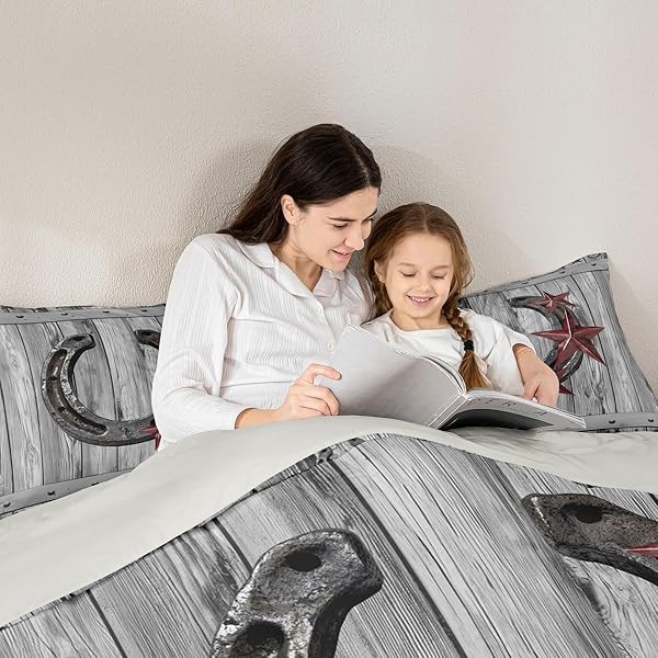 CASTLE FAIRY GREY RUSTIC BARN BEDDING SET FULL SIZE WESTERN COWBOY HORSESHOE COMFORTER SET FOR KIDS BOYS ADULTS TEENS ROOM DECOR VINTAGE FARMHOUSE WOODEN QUILT SET STAR HORSESHOE DUVET INSERT 3PCS