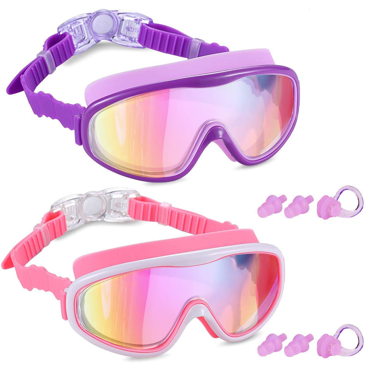 Yizerel 2 Pack Kids Swim Goggles, Swimming Glasses with Electroplating for Children and Early Teens from 3 to 15 Years Old, Wide Vision, Anti-Fog, Waterproof, UV Protection (Set of 2)