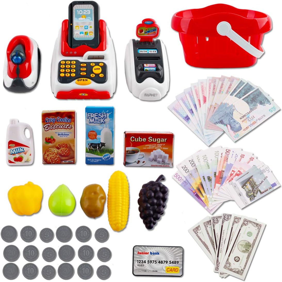 deAO Kids Toy Till Cash Register with Scanner, Play Food and Shopping Basket - Image 4