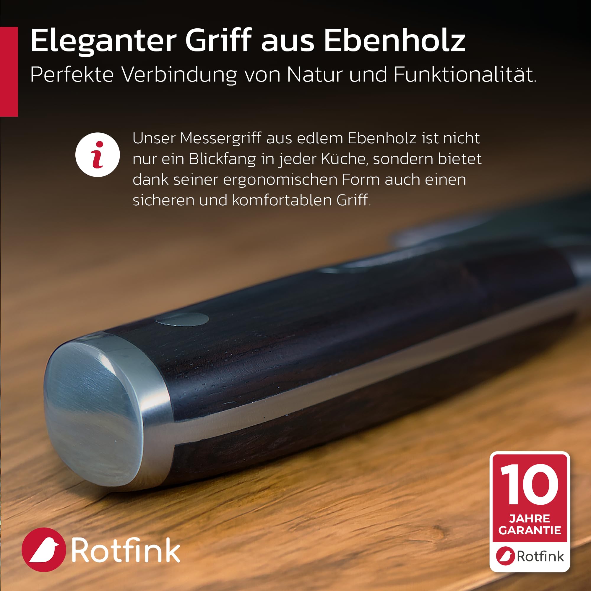 ROTFINK Santoku Messer 18 cm, Profi Küchenmesser scharf, Kochmesser, Fleischmesser, Edelstahl 56-58 HRC, ergonomischer Ebenholz-Griff, 15° Schleifwinkel, Geschenkbox, 10 Jahre Garantie 5