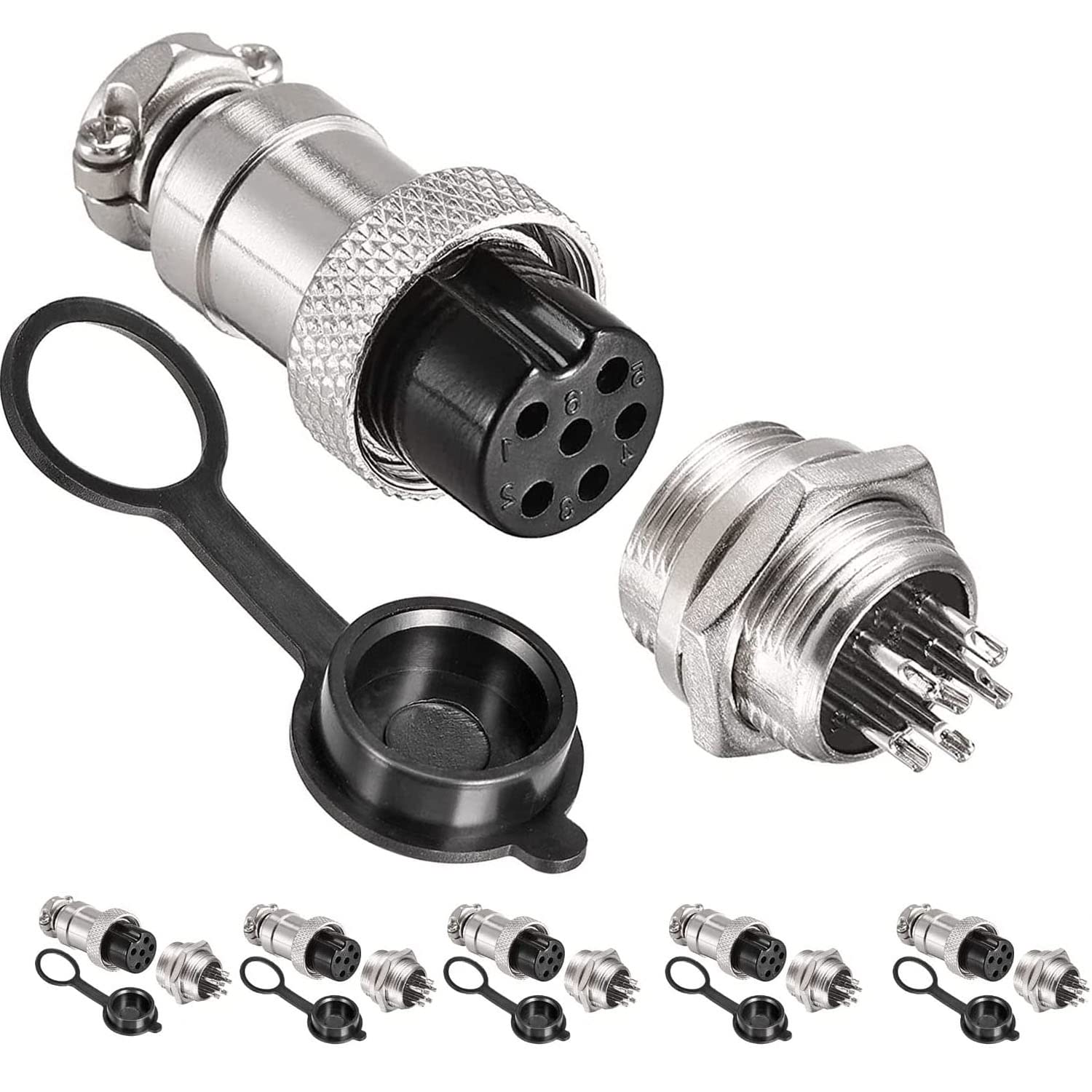 RUNCCI-YUN 6Pcs GX16-6Pin Aviation Connector Plug Adapter, 5A 12MM Thread Male Female Metal Panel Aviation Wire Connector Kit, with Rubber Protector Cap and Phillips ScrewdriverC