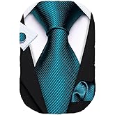 Barry.Wang Tie Sets for Men Silk Stripe Necktie Woven Checkered Handkerchief Cufflinks Formal Business Wedding