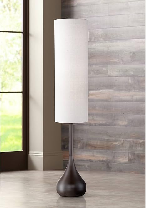 Possini Euro Design Moderne Mid Century Modern Floor Lamp Bronze Metal Droplet Off White Cream Cylinder Shade For Living Room Reading Possini Euro