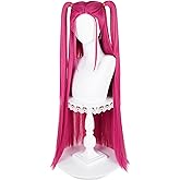 Half and Half Rose Red Pink Ponytail Wig with Bangs 35.4'' Long Straight Pink Red Anime Twin Tails Wig for Women Halloween Party Costumes Daily