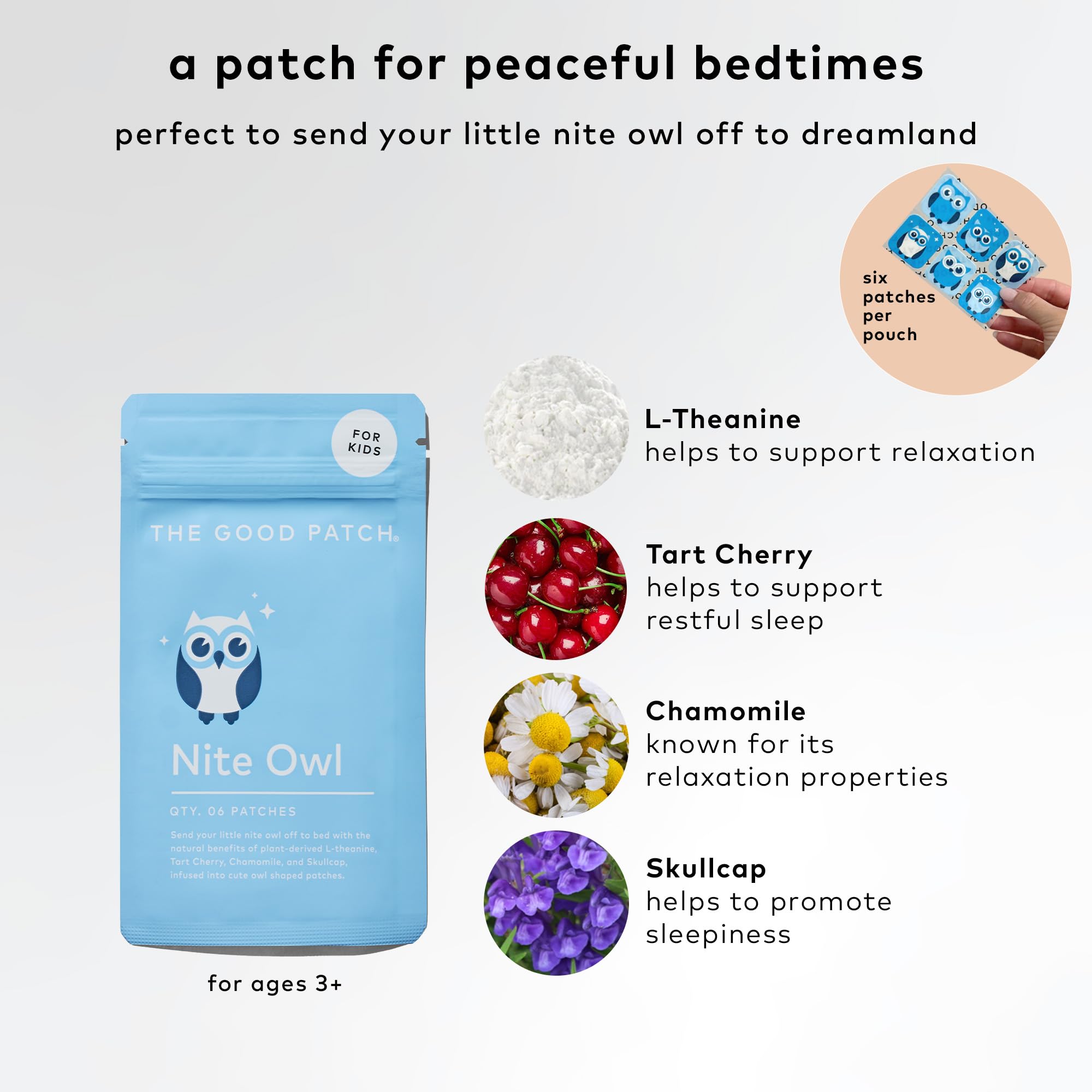 The Good Patch Nite Owl Patch, Natural Sleep Patch Support for Kid Bedtime with Tart Cherry, Chamomile, and Skullcap, Plant Powered, Sustained Release (12 Total Patches)