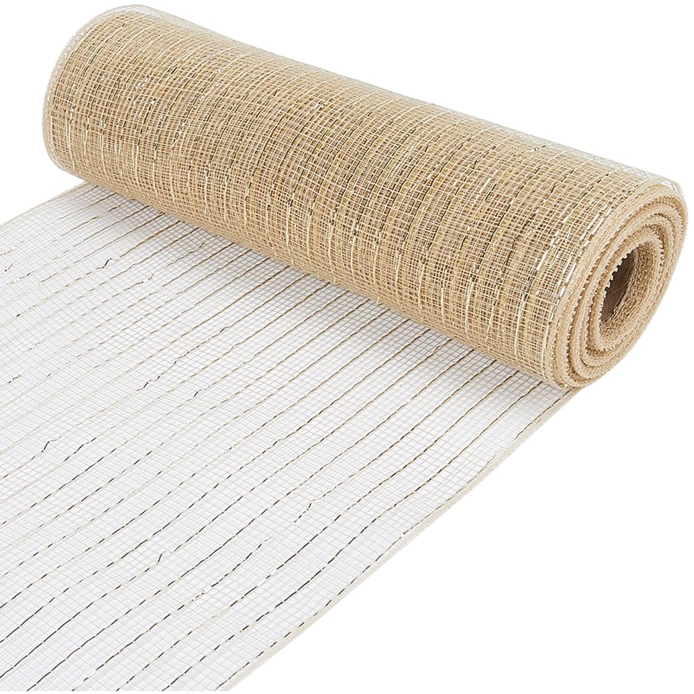 GORGECRAFT 10 Yards Natural Burlap Mesh Ribbon 26cm Wide Glitter Metallic Foil Christmas Tree Jute Burlap Fabric Spool Rolls for Fall Wreath Swags Supplies Wedding Decor Gift Wrapping