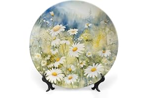 Gokays Daisy Flower Field Decorative Plates for Home Party, Watercolor Sunny Meadow Decor Tray for Table Display, Ceramic Dinner Plate W/Stand, Living Room Decor, Summer Party Supplies, 10 Inch