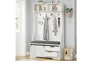 UPOSOJA Hall Tree With Bench And Shoe Storage, Entryway Bench With Coat Rack, Modern Farm House Barn Door 3-In-1 Hall Tree With Storage Cushioned Bench Stool And Hooks for Hallway, Living Room(39.3IN)