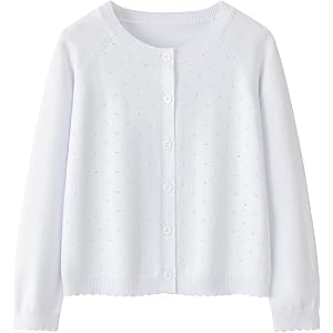 Yekaty Girls Cardigan Eyelet Button Up Sweater School Uniform Tops | Long sleeve kids cardigan sweater, scallop edge, lightwe
