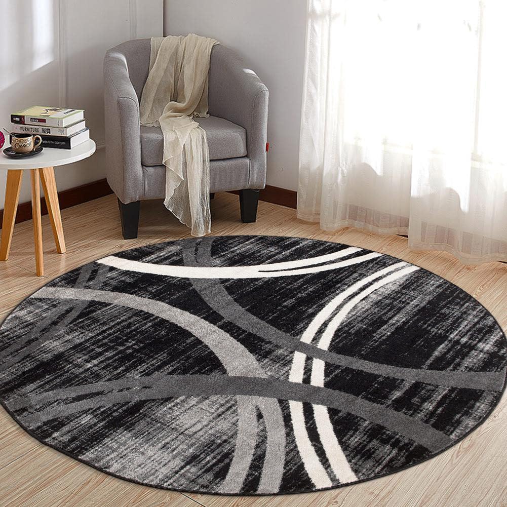 Rugshop Modern Wavy Circles Design Round Rug, Non-Shedding Carpet for Living Room, Dining Room, or Breakfast Nook, Black, 6'6" Round Image