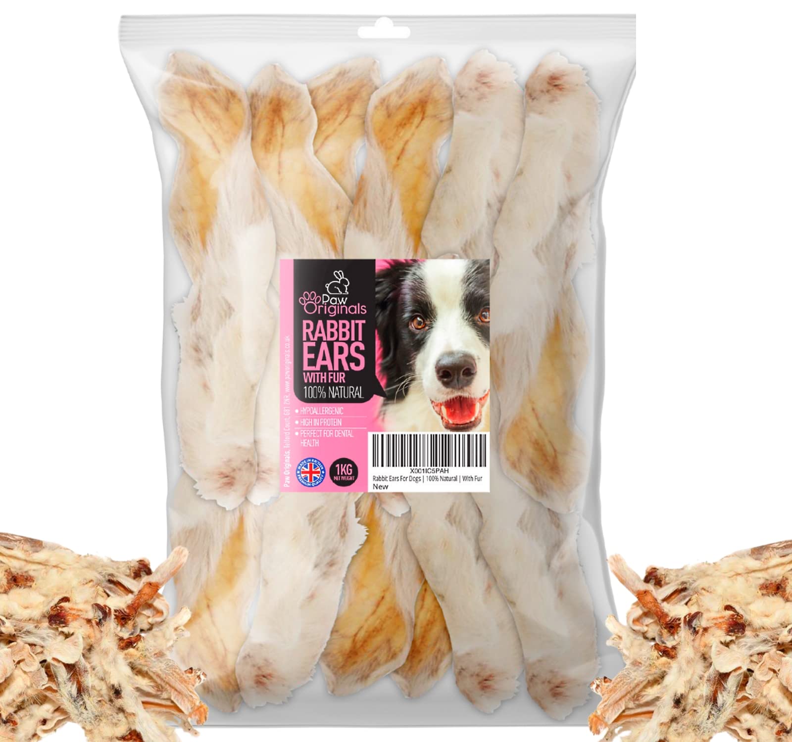 Rabbit Ears For Dogs With Fur | 100% Natural | 1 KG SUPER SIZE | Grain Free - Hypoallergenic - Gluten Free Treat For Dogs & Puppies | High In Protein & Fibre | Delicious Natural Healthy Treats
