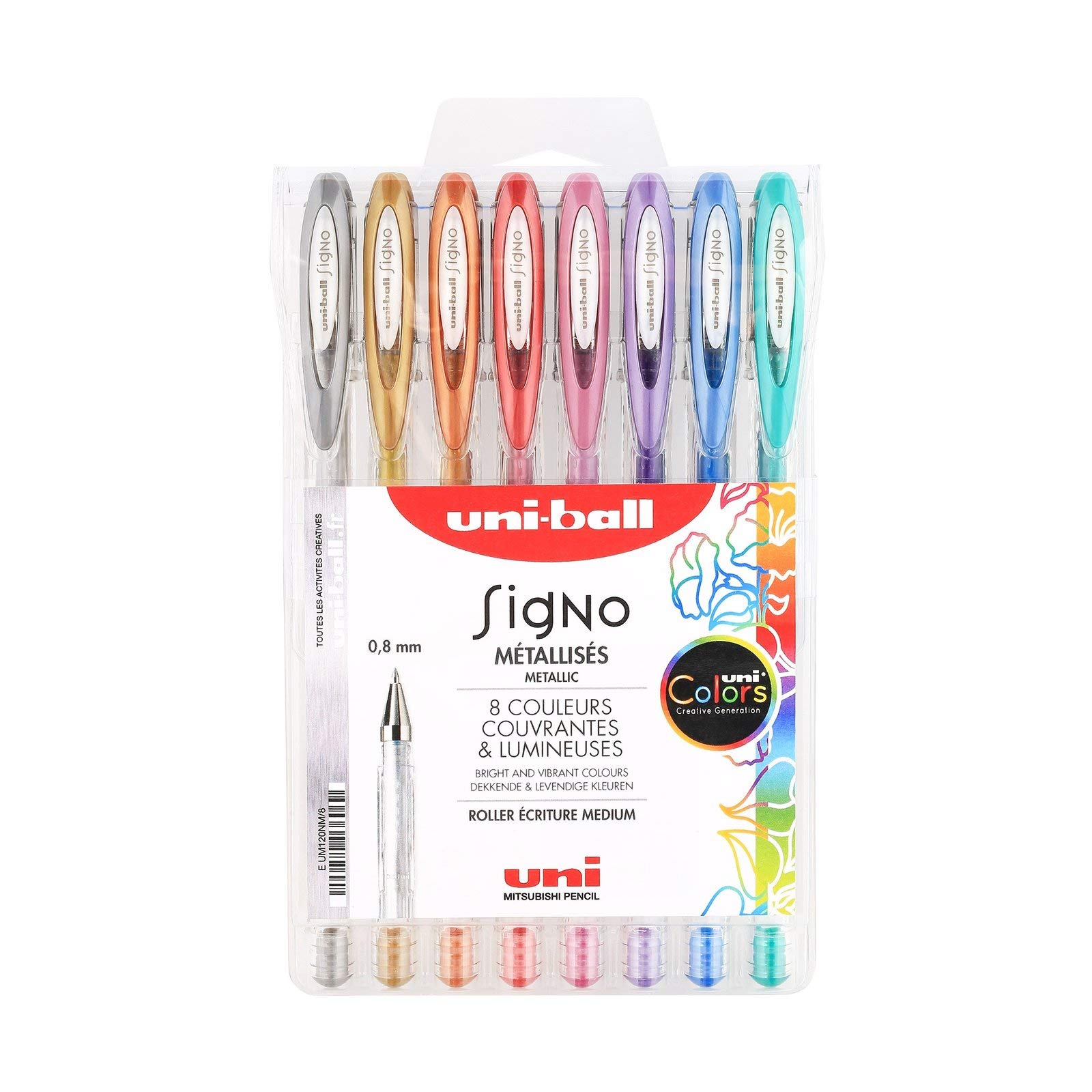 uni-ball Mitsubishi Pencil - 8 Signo Gel Ink Rollerball Pens - Metallic Colours - 0.8 mm Tip - Medium Writing - Creative Rollerball Pens for Card Making and Craft
