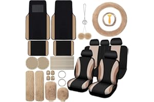 ROCEEI 47 Pcs Car Seat Cover Full Set Car Accessories for Front Rear Seat Fluffy Steering Wheel Cover Belt Automotive Floor Mats Air Conditioner Decoration Strip(Beige)