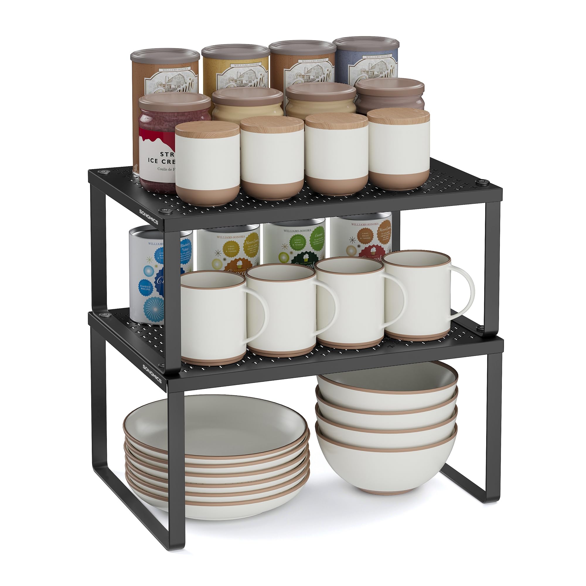 SONGMICS Spice Racks, Set of 2 Cupboard Organisers, Kitchen Storage, Stackable, Expandable, Metal Counter Shelves, Ink Black KCS001B01