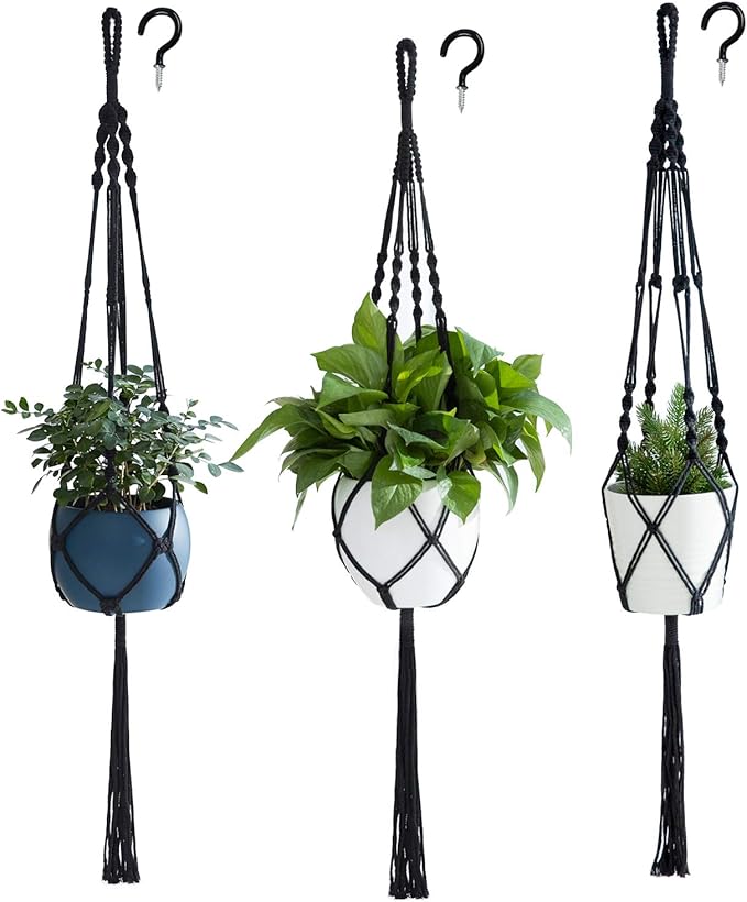 PROTITOUS Macrame Plant Hanger 3pcs Black Indoor Hanging Planter Basket