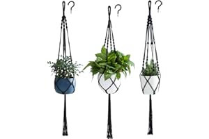 PROTITOUS Macrame Plant Hanger 3pcs Black Indoor Hanging Planter Basket Flower Pot Holder Cotton Rope with Ceiling Hook,Same Size,4 Legs 39 Inch