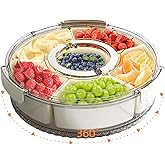 riyeloi Divided Serving Tray with Lid and Handle, Stackable Snackle Box Container for Fruits Candy Organizer, Portable Spinning Rounded Veggie Tray for Kitchen, Party, Trave and Picnic-1 PACK