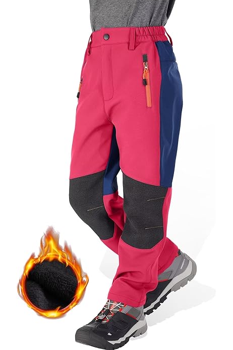 Boys Fleece-Lined Snow Pants - Waterproof Windproof Softshell Cargo Pants For Skiing & Hiking