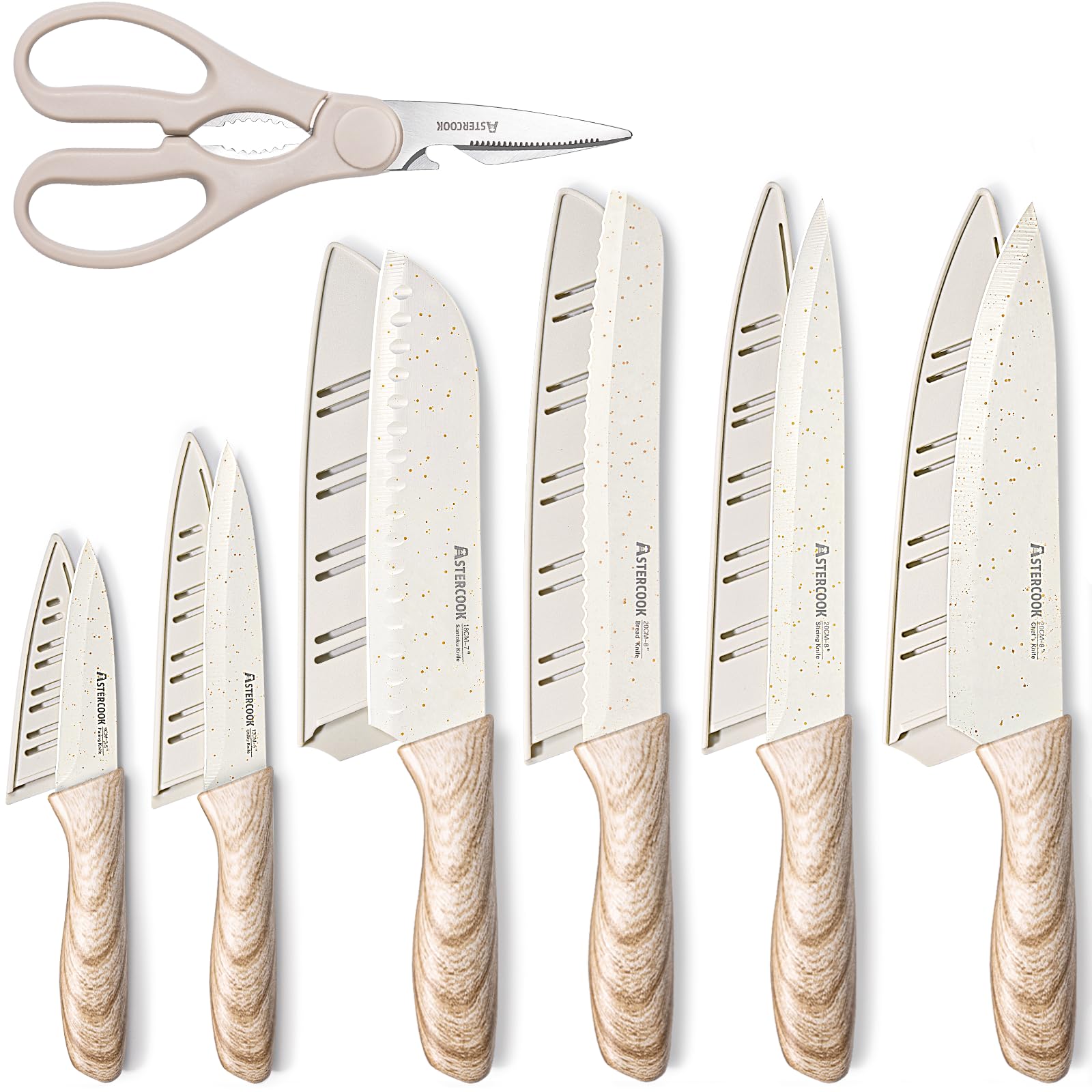 Photo 1 of Astercook Knife Set, 13 Pieces Kitchen Knives Set with Ceramic Coating, Stainless Steel Chef Knife Sets with 6 Blade Guards, Dishwasher Safe Sashimi Knives For Fish with Wooden Handle, White