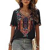 Grosy Plus Size Mexican Embroidered Peasant Blouse, Loose Fit Bohemian Short Sleeve Top for Women, Summer Vacation T-Shirt