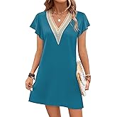 Ekouaer Nightgowns for Women Flare Short Sleeve Sleepshirt Guipure Lace V Neck Sleepwear Soft Pj Dress Night Shirt S-3XL