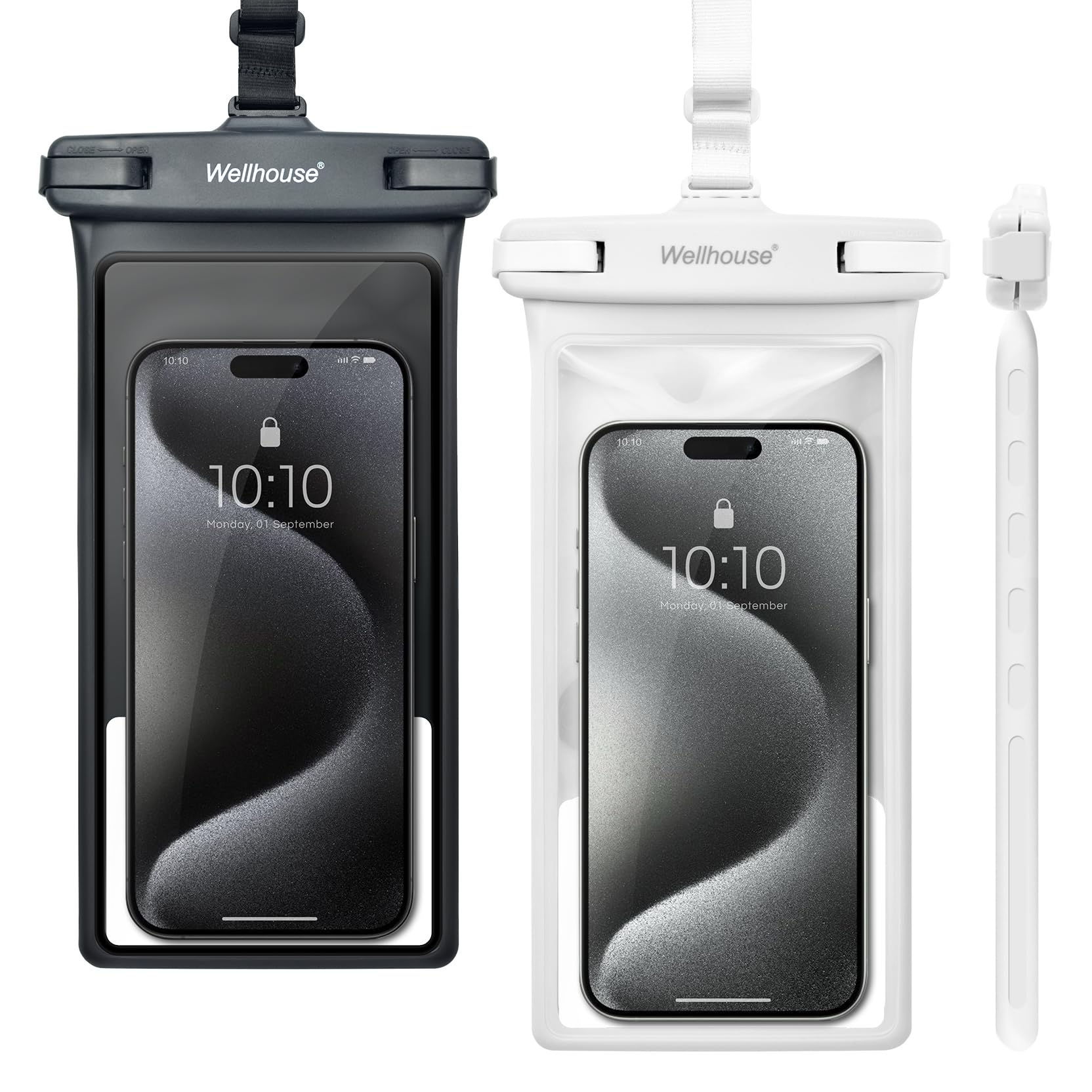 Photo 1 of wellhouse Waterproof Phone Pouch, Waterproof Phone Case for iPhone 16 15 14 13 12 Pro Max XS Samsung, IPX8 3D Cellphone Dry Bag Beach Essentials (2 Pack - Black & White8.0, 8 inch)