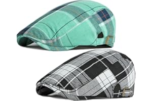 QIANUER 2 Pack Men's Newsboy Hat Flat Cap Adjustable Plaid Ivy Gatsby Cabbie Driving Golf Hat Beret