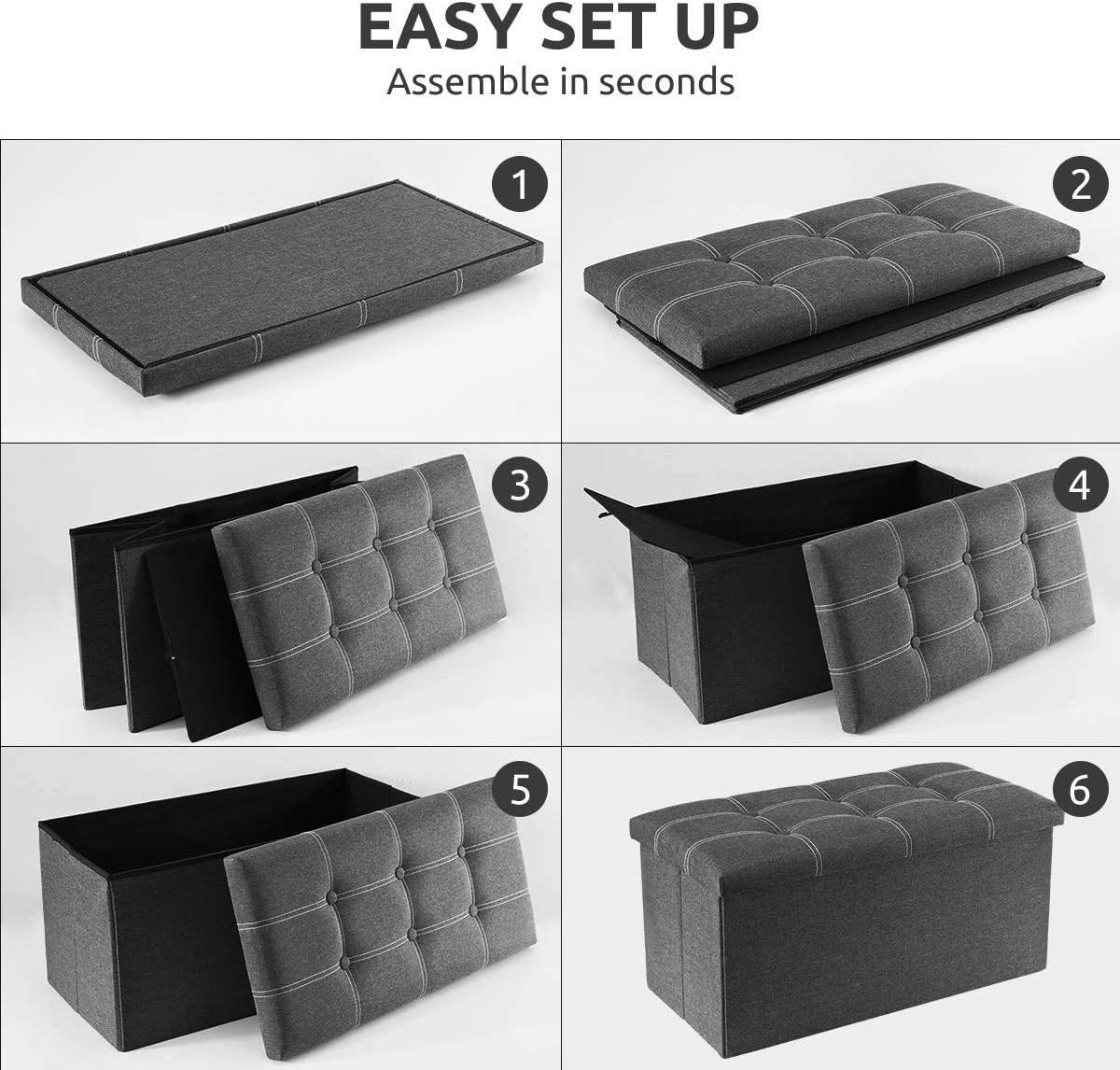 YOUDENOVA 30 inches Storage Ottoman Bench, Foldable Footrest Shoe Bench with 80L Storage Space, End of Bed Storage Seat, Support 350lbs, Linen Fabric Grey: Kitchen & Dining
