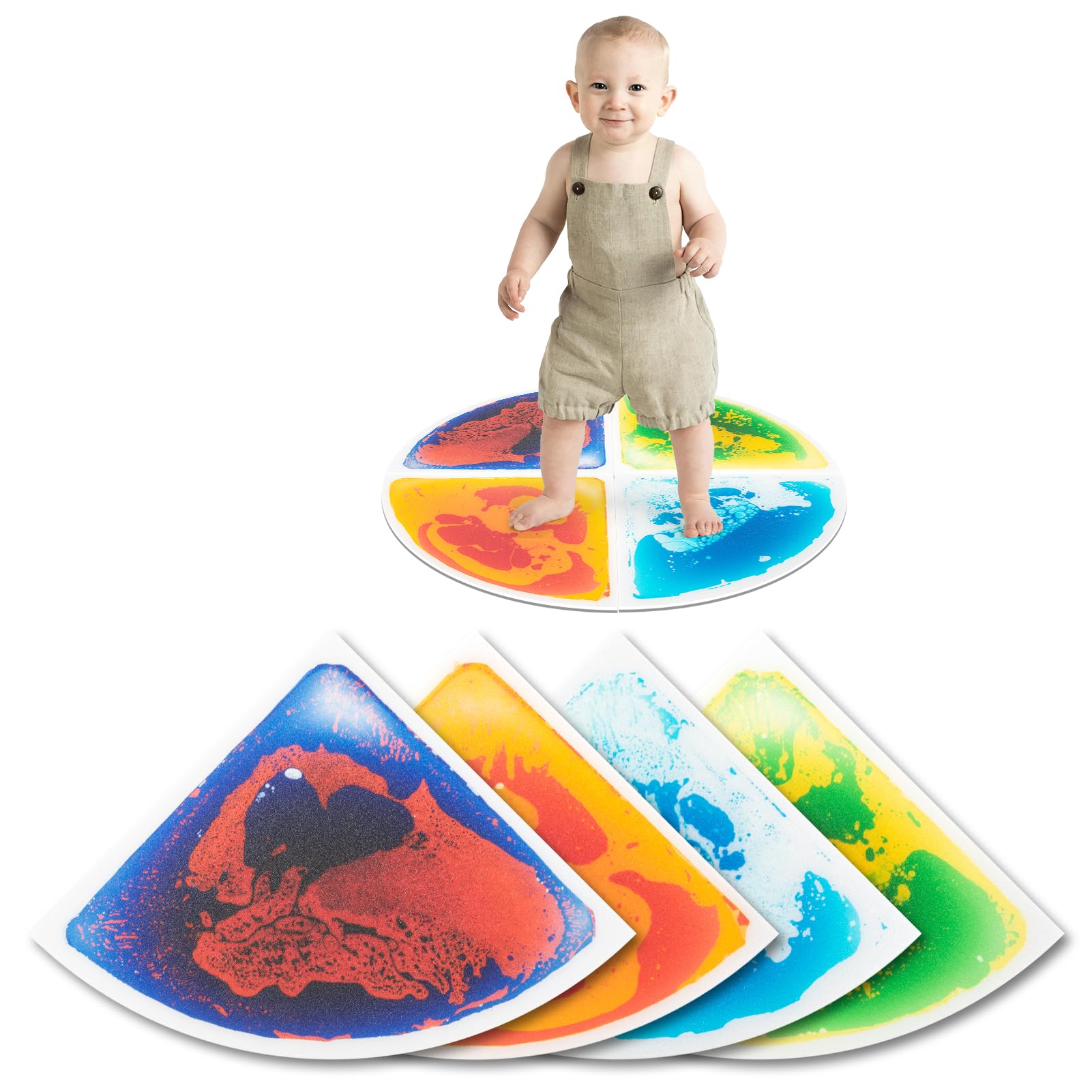 Art3d 4-Pack Colorful Liquid Sensory Floor Tiles, Fan-Shaped Liquid Fusion Sensory Dance Mats for Kid Toddler, 13" x 13"