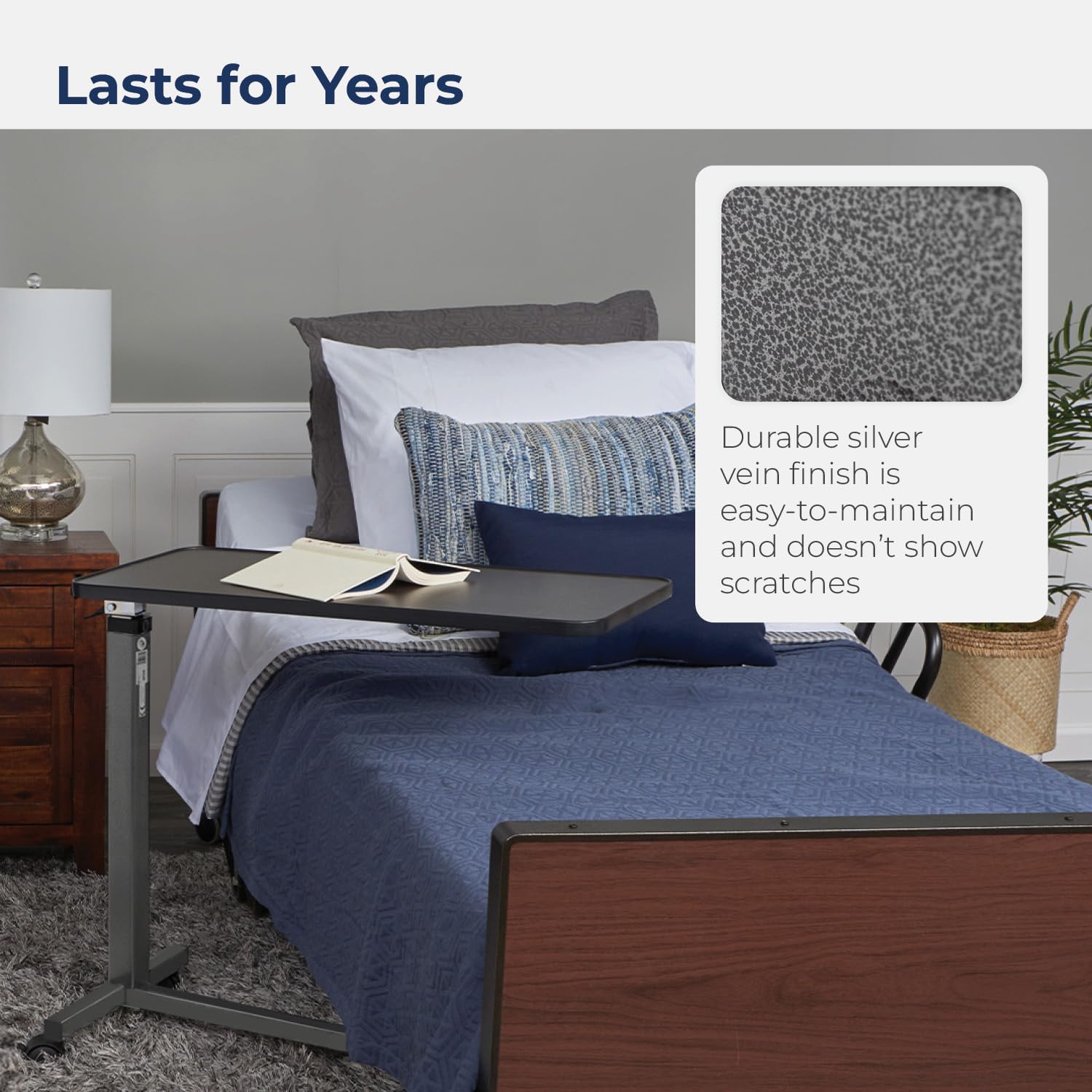 Drive Medical 13067 Non Tilt Top Overbed Table with Wheels and Secure Height Adjustment,Tray Table for Hospital or Home Use, Bedside Rolling Overbed Table, Silver Vein