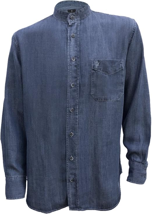 Irish Grandfather Collarless Tencel Denim Jean Shirt in Dark Blue
