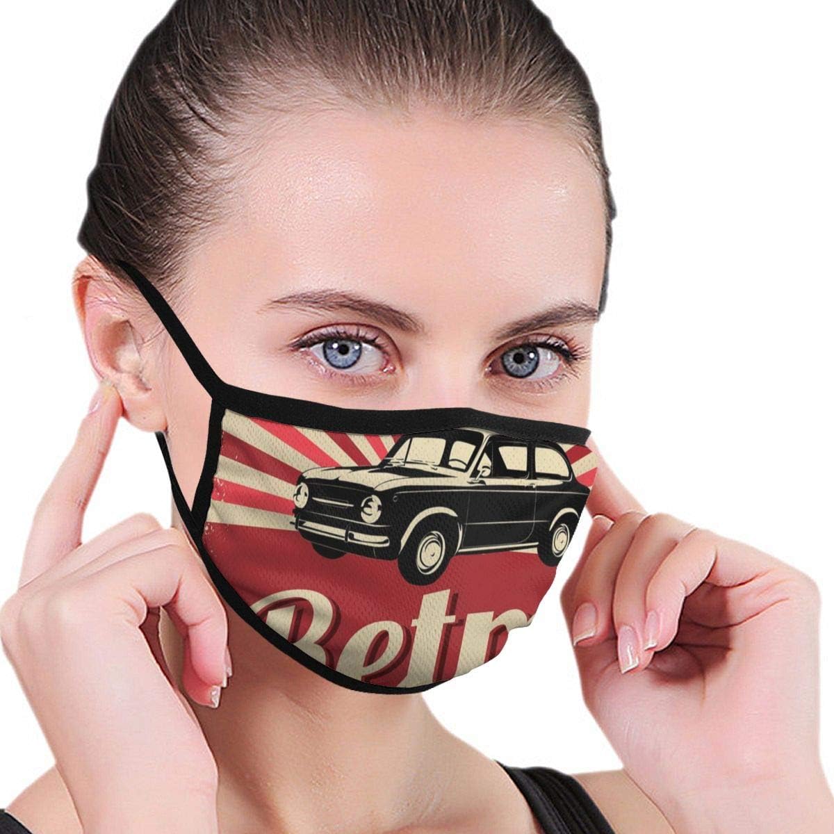 Comfortable Windproof mask,Retro Poster Design Nostalgic Black Car Automotive Industry Old Fashioned Grunge,Printed Facial decorations for Women and Men