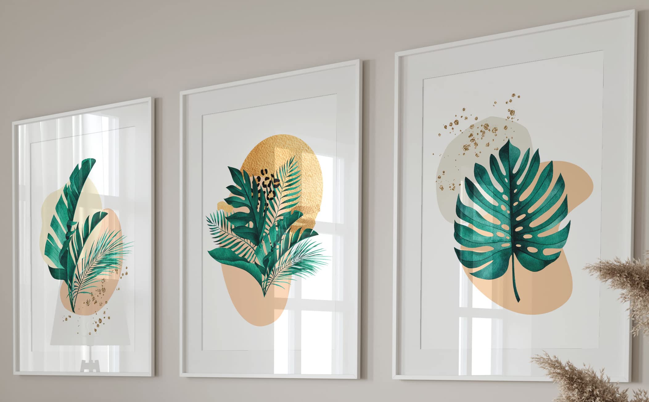 Botanical Wall Art Set of 3 Unframed Prints, Abstract Tropical Plant Decor, Living Room Bedroom Poster Home Decor, Cheese Plant Leaves Gold Green (A4)