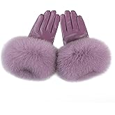 BOONJOVIA Women Genuine Lambskin Leather Gloves With Real Fox Fur Trim Cuff Winter Warm Driving Gloves-Velvet Lined
