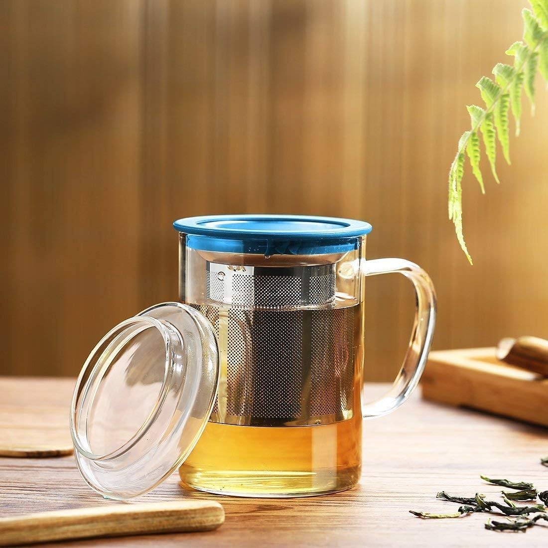 Ounce Blue Tomotime Clear Tea Mug with Infuser and Lid 13.5 Cups, Mugs