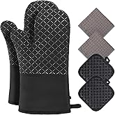 Philorn Oven Mitts and Pot Holders 6pcs, Kitchen Oven Glove High Heat Resistant 500℉ Extra Long Oven Mitts and Potholder with Non-Slip Silicone Surface for Baking, Cooking, BBQ (Black)