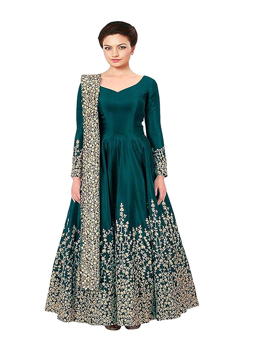 omkar fab women's taffeta silk anarkali embroidered gown (green)
