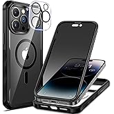 seacosmo for iPhone 14 Pro Case, Full Body Bumper with Built-in 9H Tempered Glass Privacy Screen Protector and Camera Lens Protector, Compatible with MagSafe, Shockproof Phone Cover, 6.1", Black