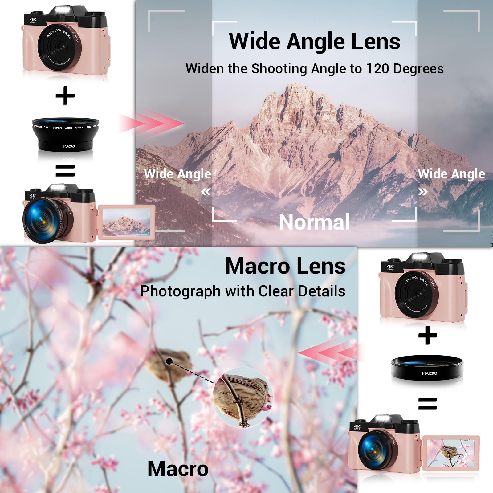 Digital Camera, FHD 4K 75MP WiFi Vlogging Video Camera for YouTube with 3'' 180°Flip Screen, 64GB SD Card, 16x Digital Zoom, 2 Batteries, Point and Shoot Digital Camera for Beginner (Pink)