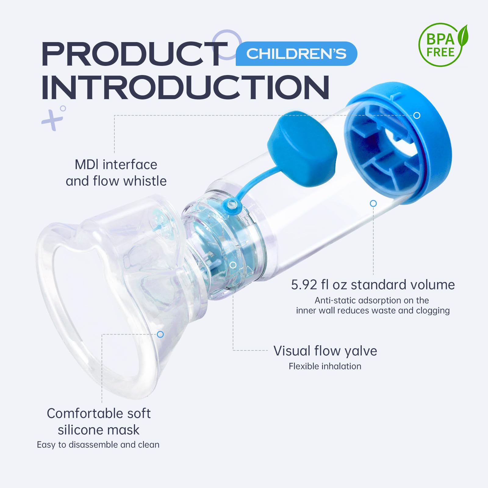 Handheld Inhaler Spacer for Infants, Children, and Adults - Anti-Static - Portable Design for Home, School, and Travel - Soft Silicone Mask - Nessi OTC Spacer - Easy to Clean (Blue Kids)