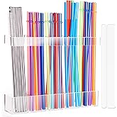 Upgraded Large Acrylic Straw Holder for Cabinet Door, Space-Saving Straw Organizer Storage Dispenser for Countertops, Strong Adhesive Double-sided Tape Included